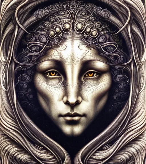 Prompt: detailed realistic beautiful werewolf goddess face portrait by jean delville, gustave dore, iris van herpen and marco mazzoni, art forms of nature by ernst haeckel, art nouveau, symbolist, visionary, gothic, neo - gothic, pre - raphaelite, fractal lace, intricate alien botanicals, ai biodiversity, surreality, hyperdetailed ultrasharp octane render