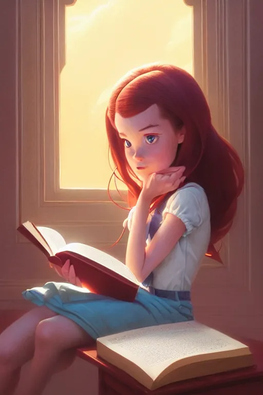 Image similar to highly detailed portrait of beautiful girl reading a book in toy story 3, detailed hands, dynamic pose, stephen bliss, unreal engine, fantasy art by greg rutkowski, loish, rhads, ferdinand knab, makoto shinkai and lois van baarle, ilya kuvshinov, rossdraws, tom bagshaw, global illumination, radiant light, detailed and intricate environment