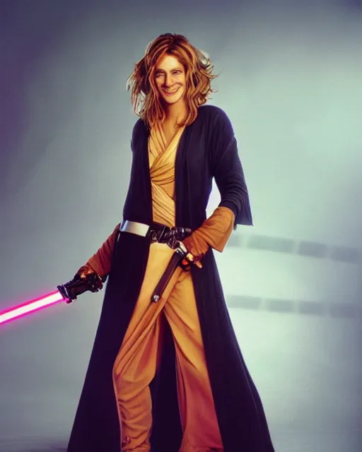 Prompt: julia roberts, dressed as jedi knight with a lightsaber, colorful, realistic, high resolution