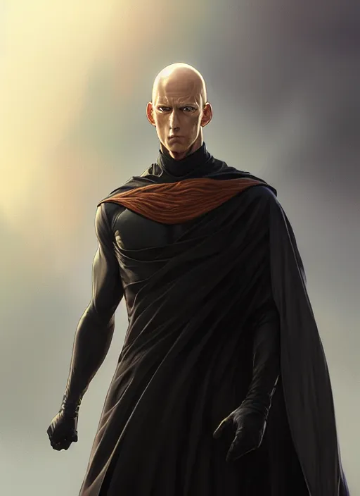 Prompt: ultra realistic illustration, handsome saitama. intricate, elegant, highly detailed, black cape, digital painting, artstation, concept art, smooth, sharp focus, illustration, art by artgerm and greg rutkowski and alphonse mucha and wlop