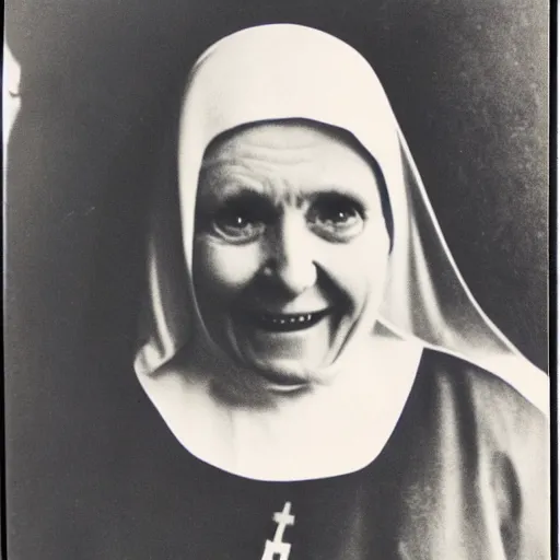 Prompt: antique photograph of an evil catholic nun, evil eyes, horror, looking at the camera, evil smile, sharp teeth, headshot