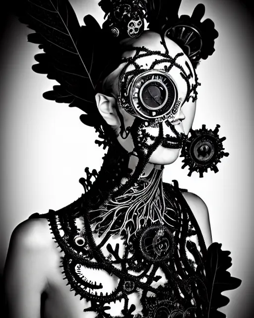 Prompt: surreal dark poetic black and white photo portrait of complex bio-mechanical beautiful young silver female vegetal-cyborg with a Mandelbrot fractal steampunk metal fine lace face, a very long neck and a fine metal floral foliage super big lace collar by Vivienne Westwood:: smoke, high fashion, haute couture, rococo, steampunk, avant-garde, silver filigree details, anatomical, facial muscles, cable wires, microchip, elegant, dreamy, foggy atmosphere, hyper realistic, 150 mm lens, soft rim light, octane render, unreal engine, picture was taken in 1910 by Man Ray, volumetric lighting, dramatic light,8k,