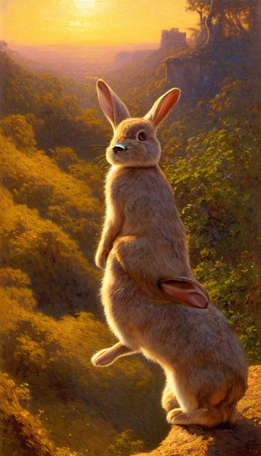 Image similar to hyper realistic rabbit looking off of a cliff, sun setting behind rabbit, lush forest in valley below, painted by gaston bussiere, craig mullins, j. c. leyendecker 8 k