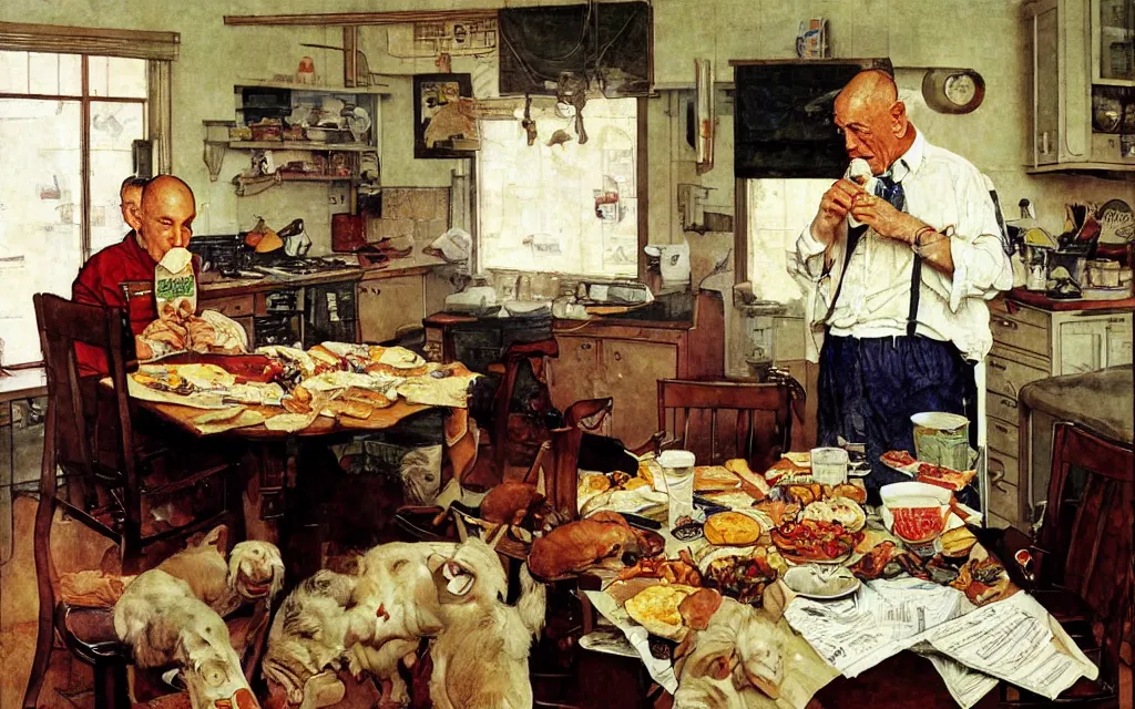 Image similar to benjamin netayahu eating breakfast in his kitchen, newspapers on the table and counter, by norman rockwell