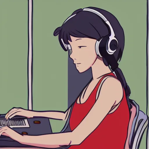 Image similar to a side view of a girl sitting on her desktop writing something headphones on, hand on her chin, digital art, anime, ghibli style
