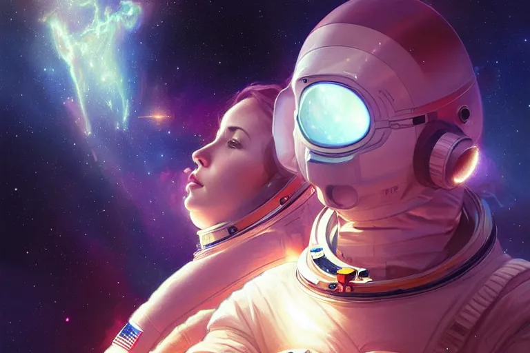 Image similar to Portrait of an astronaut reflective visor reflecting a nebula in space, portrait, elegant, intricate, digital painting, artstation, concept art, smooth, sharp focus, illustration, art by artgerm and greg rutkowski and alphonse mucha