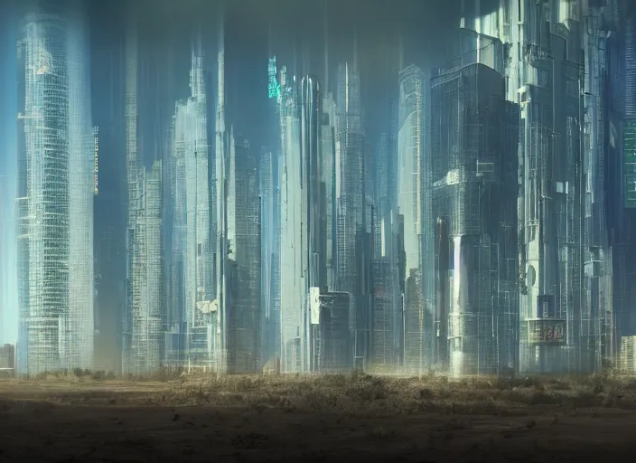 Prompt: a huge glass box with a cyberpunk city hidden inside, holographic mist, in the desert, photo realism, f / 1. 9 6. 8 1 mm iso 4 0