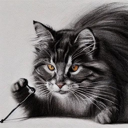 Image similar to long - haired siberian cat playing with a red yarn ball, illustration, charcoal, simon bisley