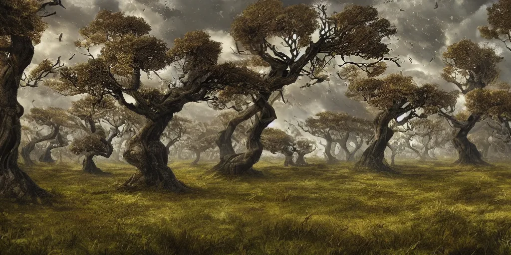 Prompt: swaths of leaned keeled over toppled windswept windswept windswept trees, no visible soil, high quality fantasy art, 4k