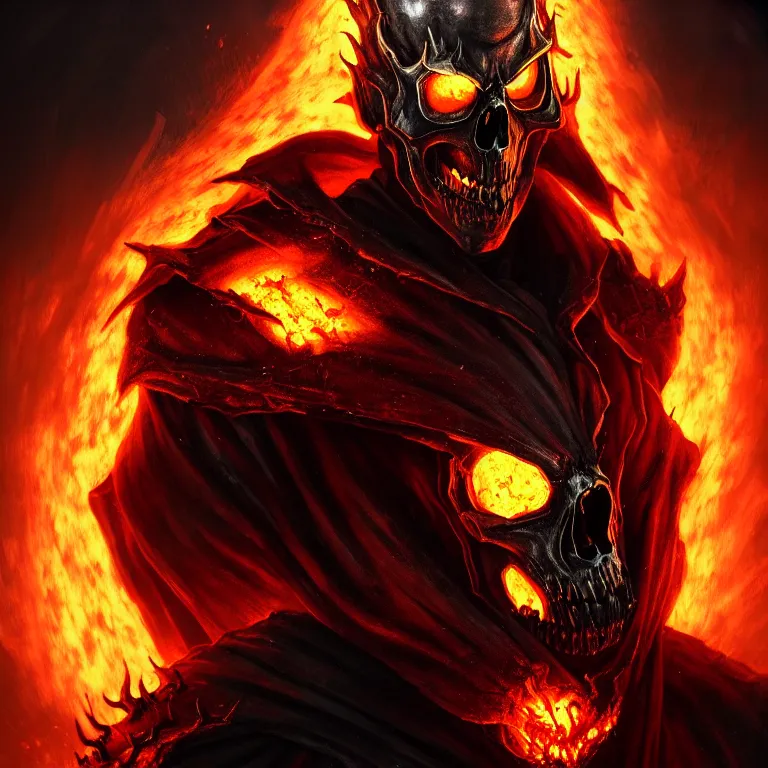 Image similar to Ghost Rider, flaming grim reaper, demons of hell, the pits of hell, headshot photo, character concept, dark souls concept art, Feng Zhu concept art, dramatic lighting, highly stylized, trending on artstation, high-quality wallpaper, desktopography