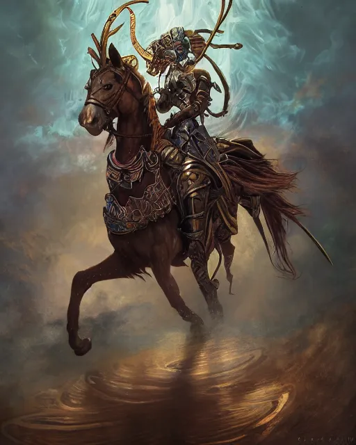 Image similar to Horse warrior, centered, portrait, symmetrical, Path of Exile, Diablo, Warhammer, digital painting, highly detailed, colorful concept art, gold, silver, copper colors, Nekro, Peter Mohrbacher, Alphonse Mucha, Brian Froud, Yoshitaka Amano, Kim Keever, Victo Ngai, James Jean