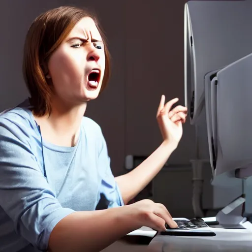 Image similar to A woman yells at her computer out of fear due to his anxiety about the current development of AI-generated graphics and the possibility of imminent job loss.