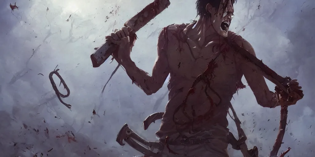 Prompt: evil dead, ash with his chainsaw arm, who fights against several undead, hyperrealistic, trending on pixiv fanbox, painted by greg rutkowski makoto shinkai takashi takeuchi studio ghibli, akihiko yoshida