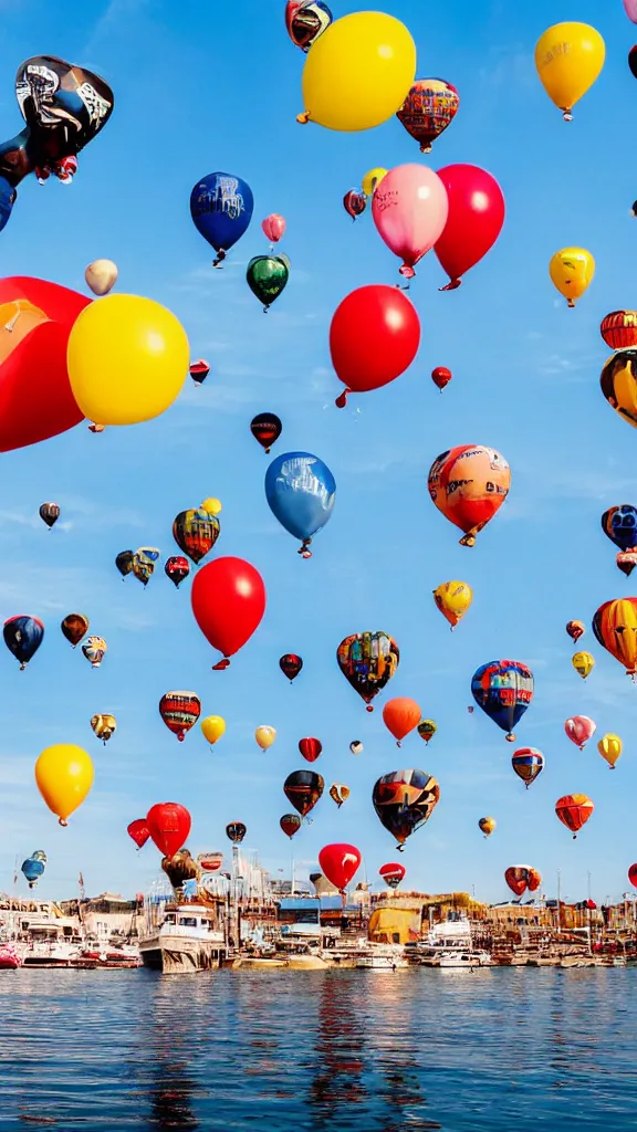 Image similar to photo of a lot of birthday balloons floating above a beautiful maritime port. sharp focus, highly - detailed, award - winning