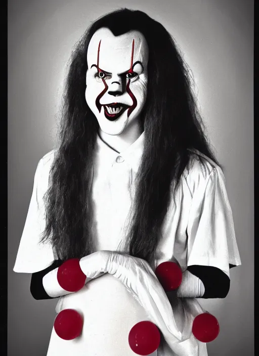 Prompt: high school year book photo of pennywise the clown from the movie it as an awkward teenager with incredibly long hair, film shot, portrait photography, soft lighting, soft focus, 1 9 9 0's, 2 4 mm iso 8 0 0 color