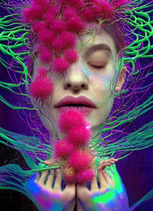 Image similar to hyper detailed 3d render like a Oil painting - Aurora (lovely Singer) seen Eating of the Strangling network of yellowcake aerochrome and milky Fruit and Her delicate Hands hold of gossamer polyp blossoms bring iridescent fungal flowers whose spores black out the foolish stars by Jacek Yerka, Mariusz Lewandowski, Houdini algorithmic generative render, Abstract brush strokes, Masterpiece, Edward Hopper and James Gilleard, Zdzislaw Beksinski, Mark Ryden, Wolfgang Lettl, hints of Yayoi Kasuma, octane render, 8k