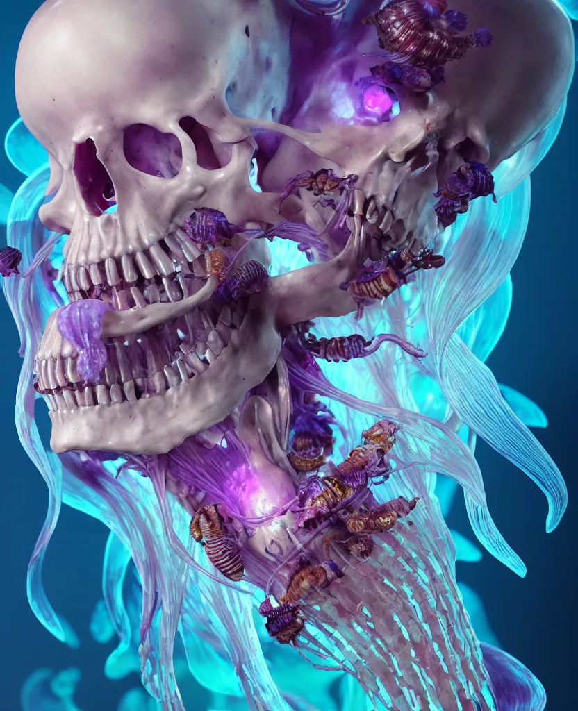 Image similar to goddess close-up portrait human skeleton, ram skull, jellyfish, orchid, betta fish, bioluminiscent, intricate artwork by Tooth Wu and wlop and beeple. octane render, trending on artstation, greg rutkowski very coherent symmetrical artwork. cinematic, hyper realism, high detail, octane render, 8k