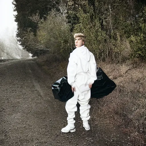 Image similar to the 2 0 2 2 award winning photo of justin bieber wearing a trash bag, cinematic, atmospheric, susan worsham photograph