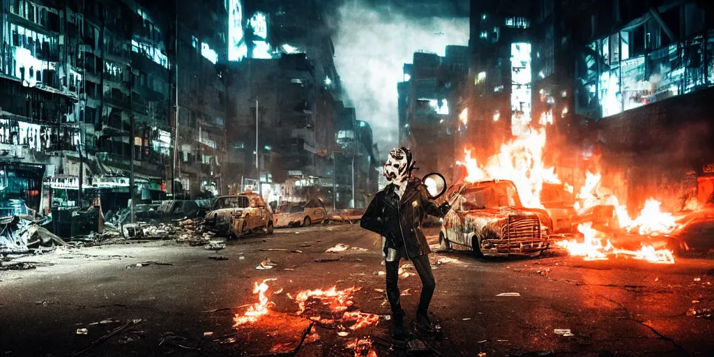 Image similar to post apocalyptic city, revolutionary punk masked up punk, fire, damaged, trash, full shot, by liam wong