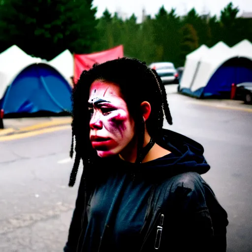 Image similar to Cinestill 50d candid extreme wide shot of a poor techwear mixed woman wearing makeup crying outside of a futuristic city on fire, cyberpunk, tattoos, homeless tents on the side of the road, military police, extreme long shot, desaturated, full shot, action shot, blurry, 4k, 8k, hd, full color