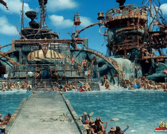 Image similar to a still of a photo real life empty Ken's stage from Street Fighter II in the movie Waterworld (1995), HDR, high quality, 8k, highly detailed and intricate,