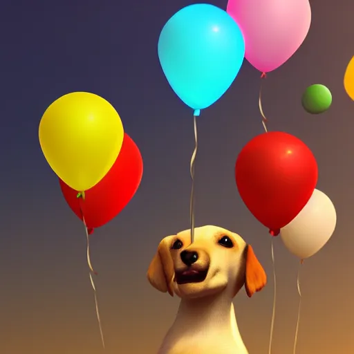 Image similar to puppy flying holding balloons, 8k, fantasy, cinematic lighting, highly detailed, digital painting, artstation, smooth, sharp focus, illustration, by Pixar