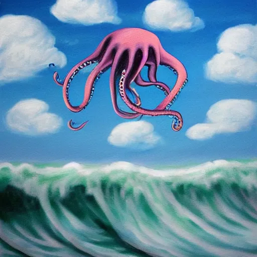 Prompt: painting of a surfing octopus on a surfboard surfing through the clouds