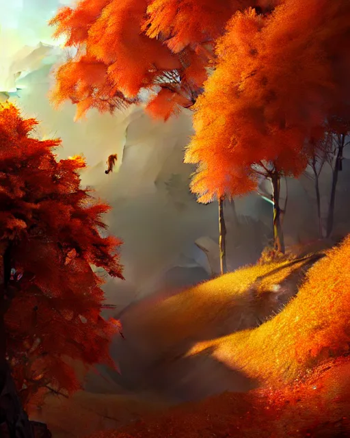 Image similar to autumn in the low - poly hills, diffuse lighting, intricate, elegant, highly detailed, lifelike, photorealistic, digital painting, artstation, illustration, concept art, smooth, sharp focus, by greg rutkowski, chris tulloch mccabe, valentina remenar,