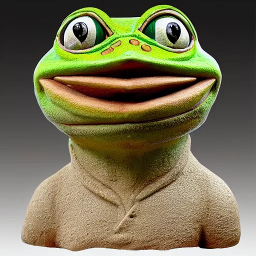 Image similar to clay head of pepe the frog, 3d sculpture, textured, fine detail, lifelike, photo, high resolution