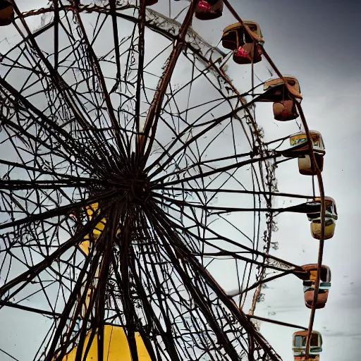 Image similar to an old abandoned rusty ferris wheel, in a town filled with pale yellow mist. Dystopian. Award-winning colored photo. OM system 12–40mm PRO II 40mm, 1/100 sec, f/2 8, ISO 800