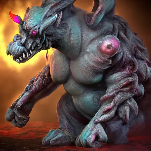 Image similar to carebear demon. eldenring boss, zbrush, arnold render, unrealengine 5, dark souls, horror, extremely detailed