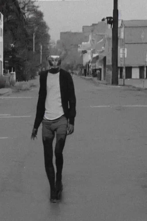 Image similar to still from vhs footage of artery!!! cryptid walking down street