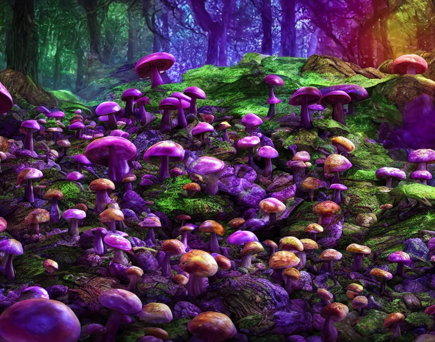 Image similar to trippy eldritch multicolor mushrooms in forest, realistic, beautiful texture, beautiful graphics, fantasy artwork, very beautiful scenery, hd, hdr, ue 5, ue 6, unreal engine 5, cinematic 4 k wallpaper, 8 k, ultra detailed