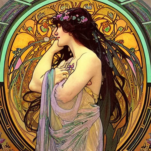 Prompt: Persephone in profile, by Alphonse Mucha, floral border, very beautiful