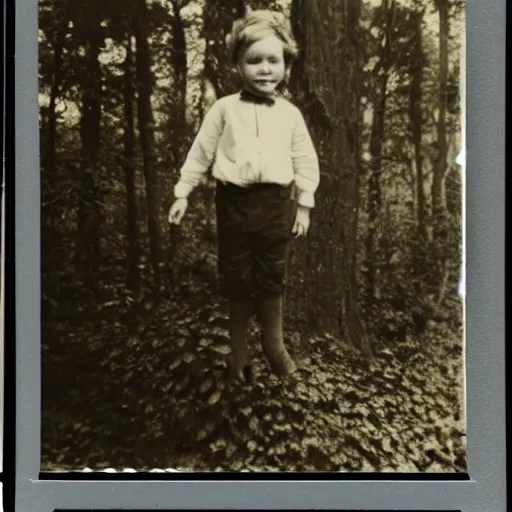 Image similar to Polaroid photo of Victorian child with a wide grin floating ten feet above the ground in a thick forest