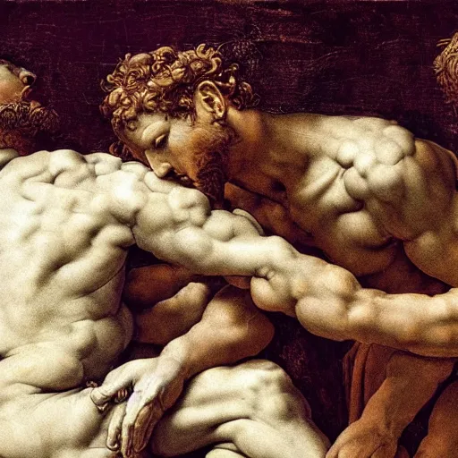 Image similar to high quality high detail painting michelangelo, david after killing giant goliath