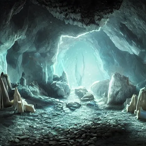 Image similar to beautiful matte painting of the inside of a cave with glowing crystals on the walls and bones on the floor, fantasy, sharp focus