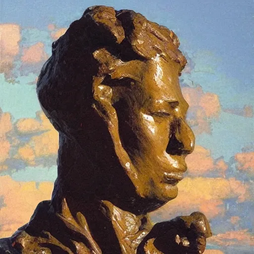 Prompt: romantic by frederic remington, by tracey emin the simpsons. a beautiful sculpture of a human face with a bird's beak protruding from the forehead.