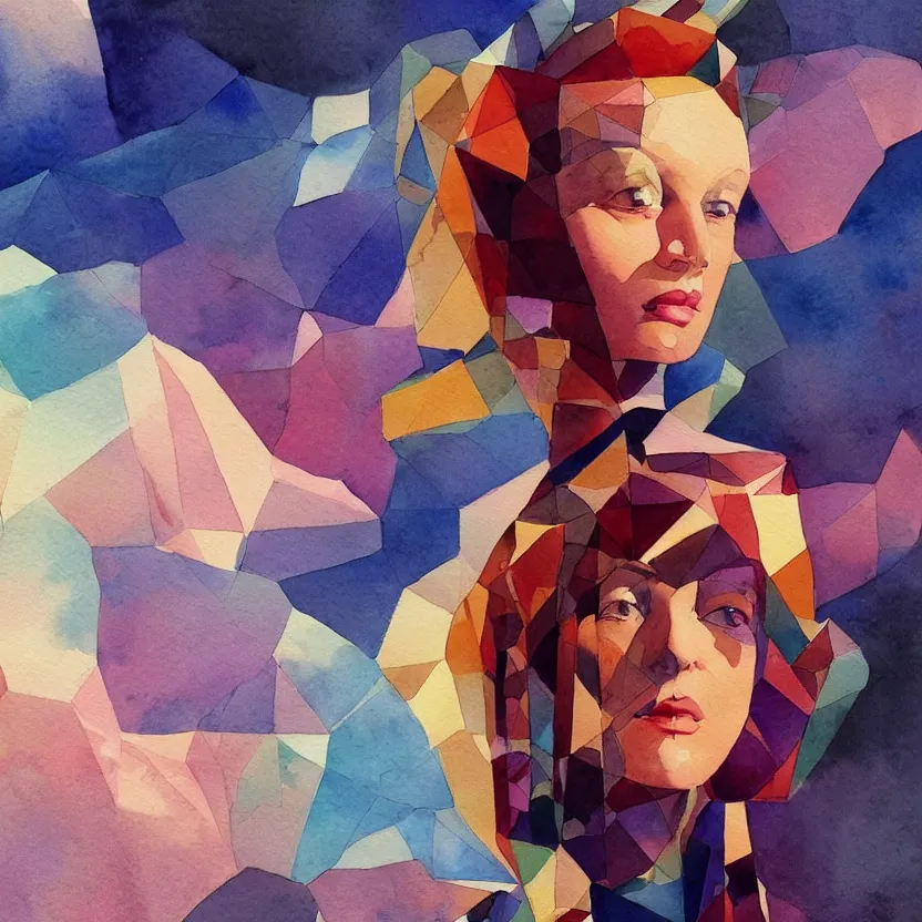Prompt: watercolor neoclassicist sci - fi close - up portrait of a low poly geometric woman in colorful puffy cartoon clouds. reflective detailed textures. studio lighting, dark background. highly detailed fantasy science fiction painting by, moebius, norman rockwell, frank frazetta, and syd mead. high contrast. artstation