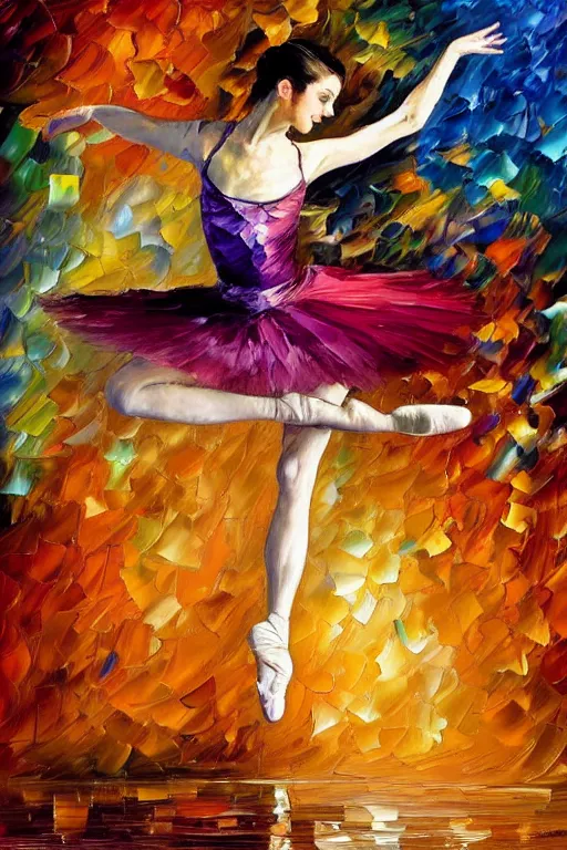 Image similar to palette knife oil painting of a leaping ballerina dancer, extreme detail, style by leonid afremov and degas, artstation, artgerm, deviant art, octane, substance, art history