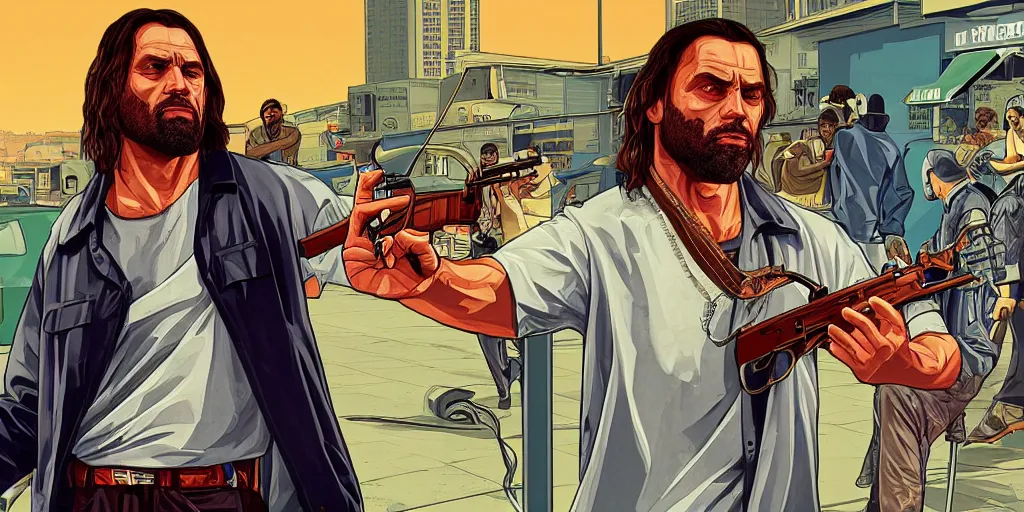 Prompt: jesus christ as a 9 0 s gangster in gta v. cover art by stephen bliss. game cover. high quality. 8 k resolution.