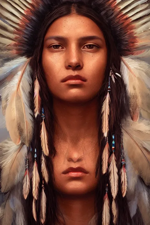 Prompt: portrait of native american indian girl with feathers, staring directly into camera, intricate, elegant, glowing lights, highly detailed, digital painting, artstation, sharp focus, illustration, art by wlop, mars ravelo and greg rutkowski