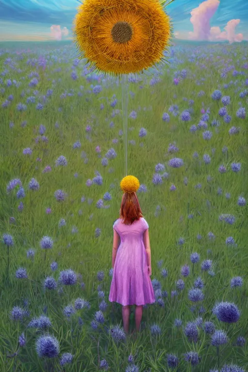 Prompt: portrait, huge thistle flower under head, a girl in a suit in field of flowers, surreal photography, sunrise, blue sky, dramatic light, impressionist painting, digital painting, artstation, simon stalenhag