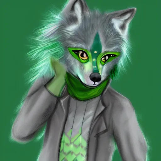 Prompt: Beautiful digital painting of an anthro anthropomorphic pastel-green wolf, Punk outfit. cute, cozy