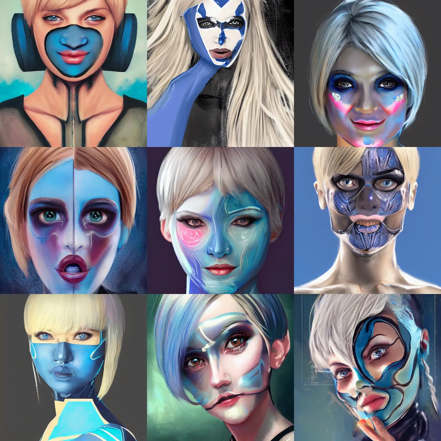 Prompt: android robot woman face painting, black facemask, blond bob haircut, beautiful detailed blue eyes, looking straight to camera, muted colors, matte print, pastel colors, ornate, digital art, cute smile, digital painting, fan art, elegant, pixiv, by Ilya Kuvshinov, by artgerm