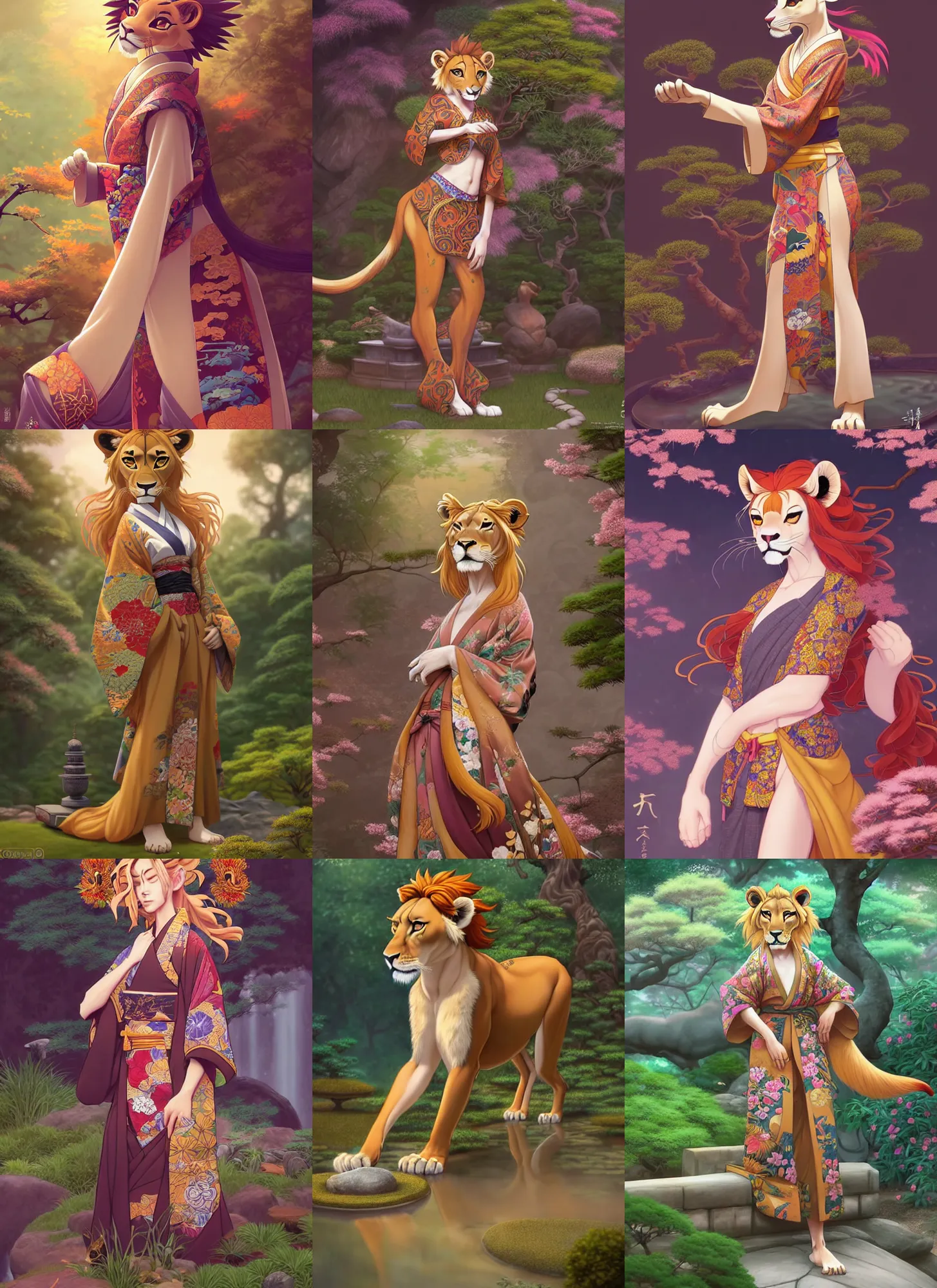Prompt: beautiful full body portrait of a female anthropomorphic anthro lioness fursona wearing a ornate kimono in a japanese zen garden. character design by disney, anime, manga, charlie bowater, ross tran, artgerm, and makoto shinkai, detailed, soft lighting, rendered in octane