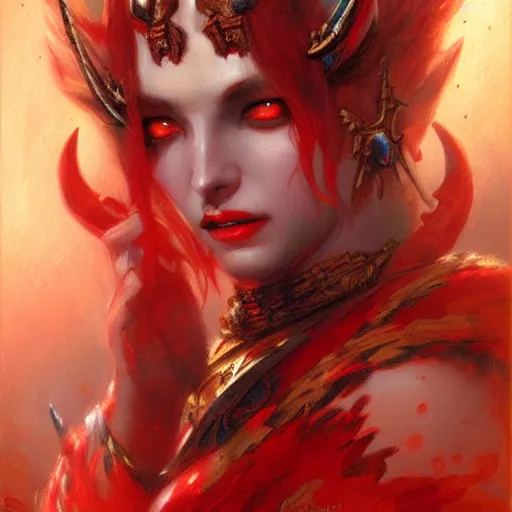 Image similar to attractive demon queen with red eyes painting by gaston bussiere, luis rollo, portrait, digital painting, highly detailed, artstation, sharp focus, illustration, concept art