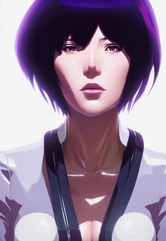 Image similar to a fullbody portrait of motoko kusanagi the major ghost in the shell : : connected to cables, under repairs, maintenance area, technicians : : by ilya kuvshinov, rossdraws, artgerm, sola digital arts, anti aliasing, raytracing : :