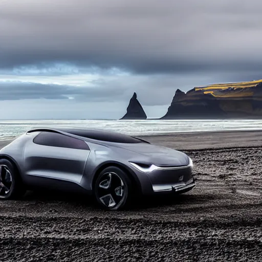 Image similar to a concept car cruising on the black sand beach of iceland