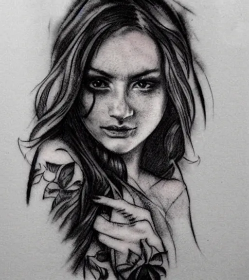 Image similar to tattoo design sketch of a beautiful girl portrait faded in a mountain background, in the style of den yakovlev, realistic face, black and white, realism tattoo, hyper realistic, highly detailed